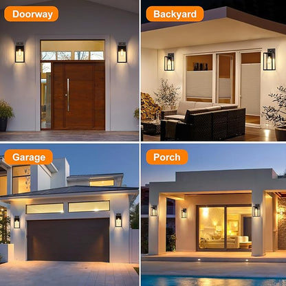 PARTPHONER Black Exterior Light Fixtures Wall Mount with Gold Rim, Dusk to Dawn Outdoor Porch Lights Lamp, Sensor Wall Sconce, Waterproof Outdoor Lantern for House Doorway, Garage 2 Pack