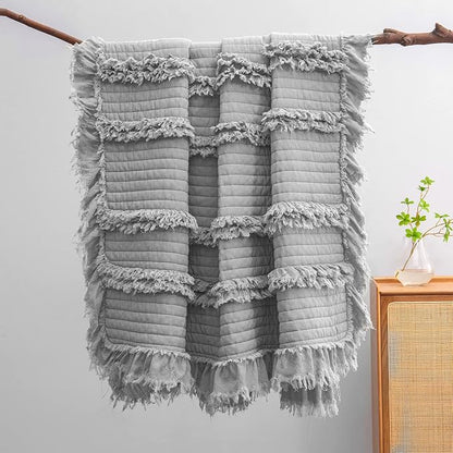 Ultra Soft Pre-Washed Quilted Boho Grey King Size Blankets for Bed, Ruffle Fringed Decorative Throw, Stone Washed Chic Rustic Blanket for Sofa Couch Bed, 104"*90"