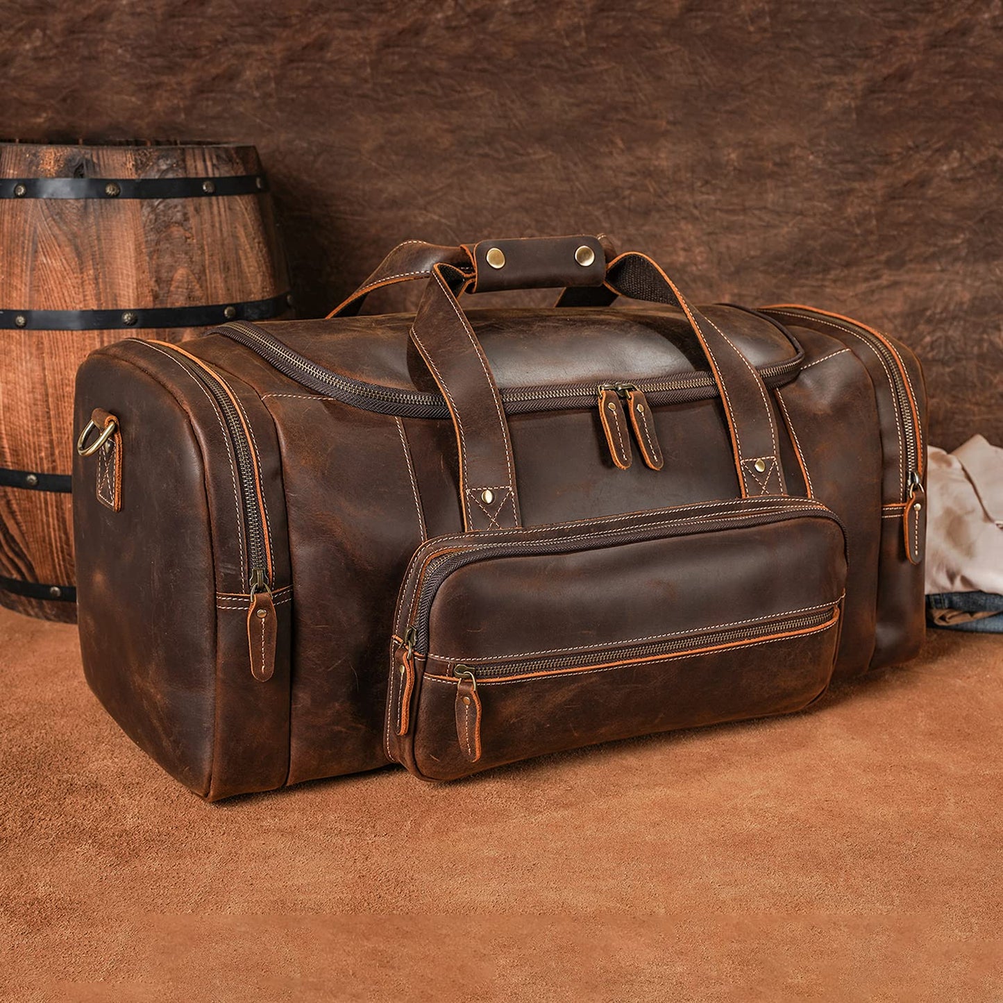 Polare 26" Full Grain Cowhide Leather Gym Duffle Weekender Overnight Travel Duffel Bag For Men 62L