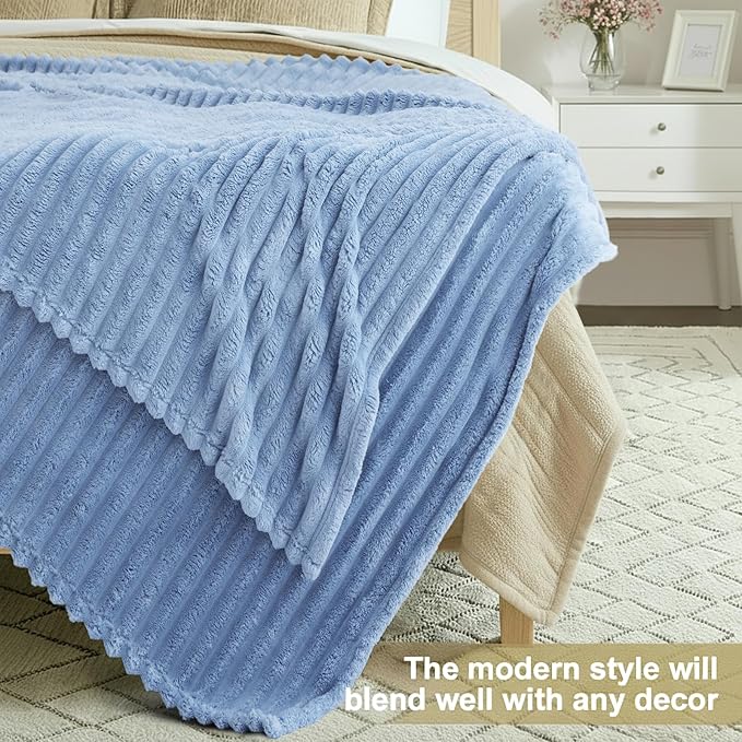 decorUhome Soft Fleece Blue Grey Blanket King Size for Bed, Cozy Fluffy Plush Flannel Large Striped Throws for Couch Sofa, Lightweight Decorative Fuzzy Blanket for Woman, 108x90 Inches