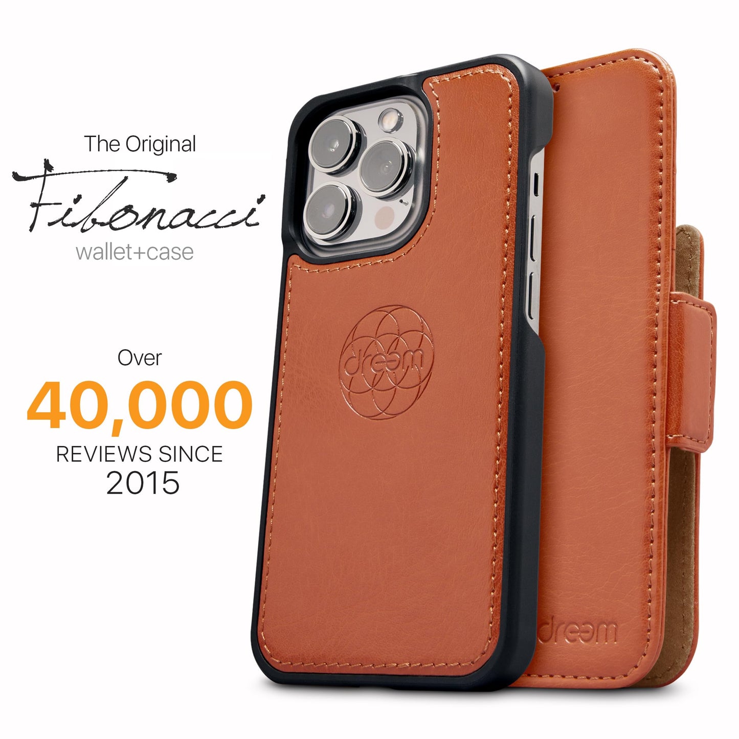 Dreem Wallet Case for iPhone 15 Pro, Revolutionary Vert/Hor Phone Stand, Magnetic Detachable Vegan Leather Flip Cover RFID Blocking Card Holder, MagSafe-Fit, Gift Box [Fibonacci: Caramel]
