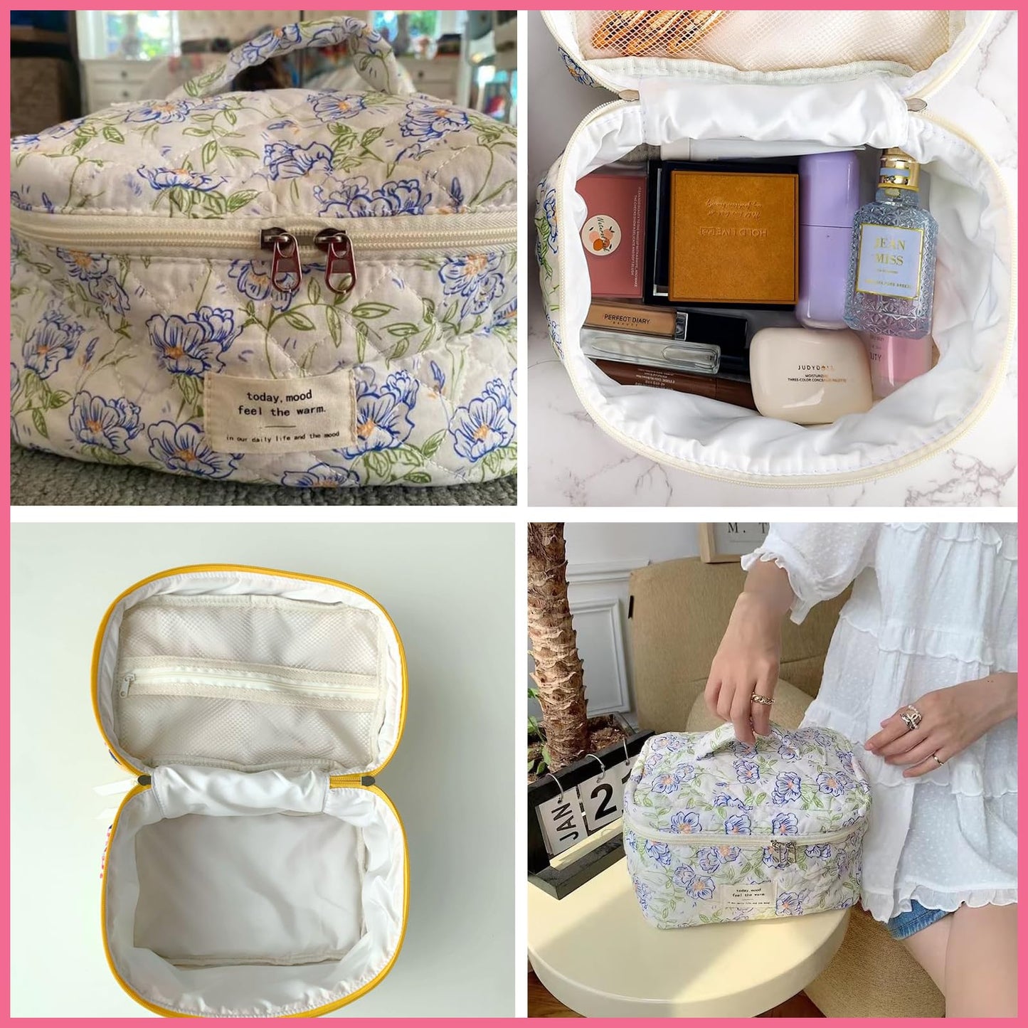 uekeboag Large Travel Quilted Makeup Bag for Women, Floral Cotton Cosmetic Bag, Coquette Aesthetic Floral Toiletry Organizer Bag (01Lithtblue-flower)