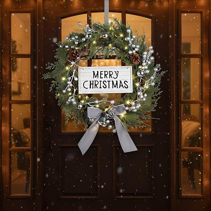Lighted Christmas Artificial Cedar Wreath for Front Door with Hanger Christmas Wreaths Faux Norfolk with Velvet Bow LED Lights Jingle Bells Pinecone Berries Indoor Window Xmas Holiday Decor(Silver)