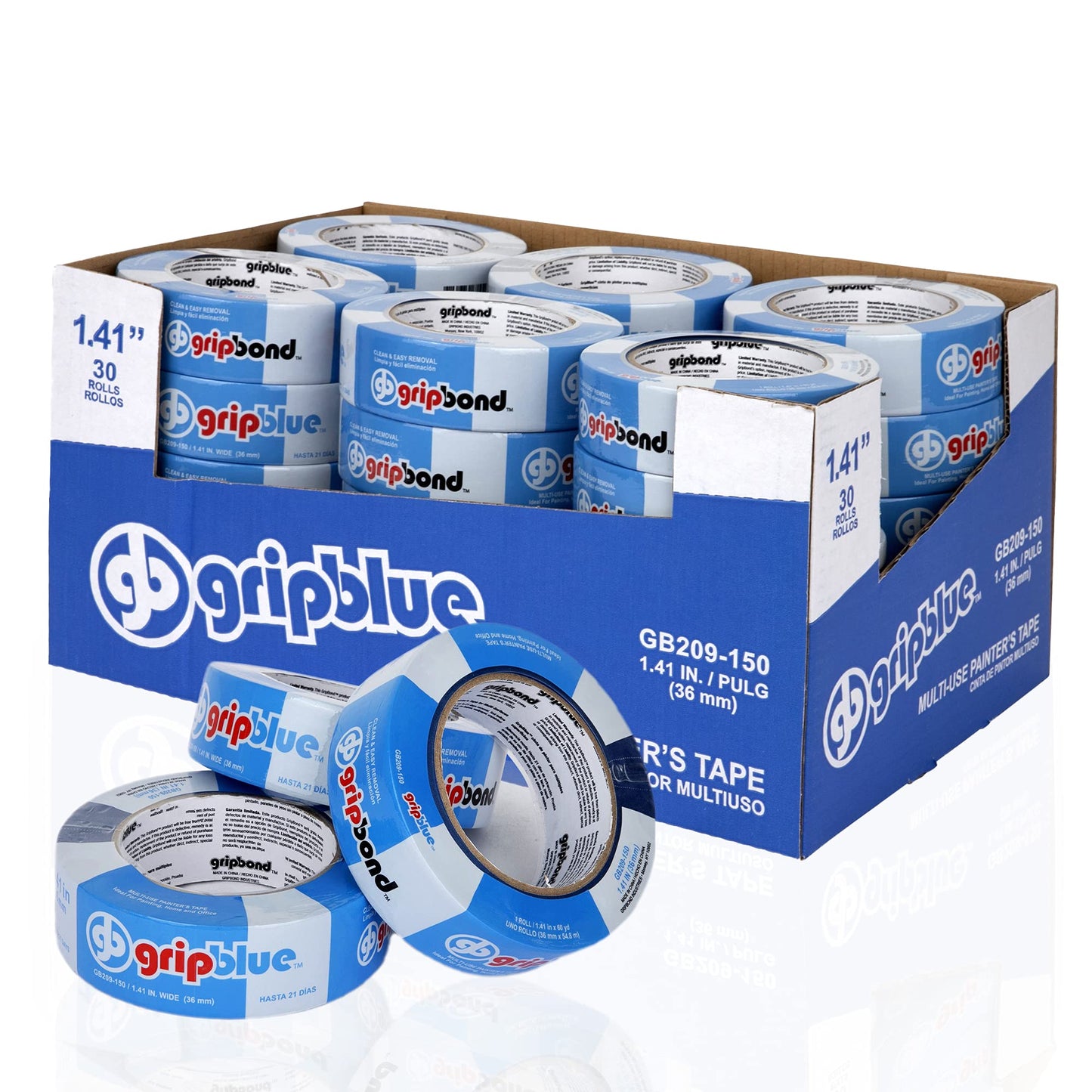 GripBlue Blue Painters Tape 1.5 Inch Wide, 30 Rolls Masking Tape - Perfect for Precise Lines on Walls & Trim, Multi-Surface, Residue-Free, Easy Removal - Ideal for Indoor & Outdoor Use, 1.41in x 60yds