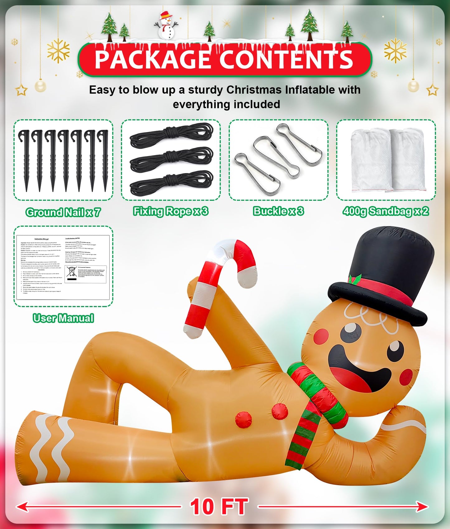 EAONE 10FT Christmas Inflatable Outdoor Decoration, Giant Christmas Blow Ups Yard Decorations Inflatable Gingerbread Man Lying Flat with Built-in LED Lights for Garden, Lawn, Home Xmas Holiday Decor