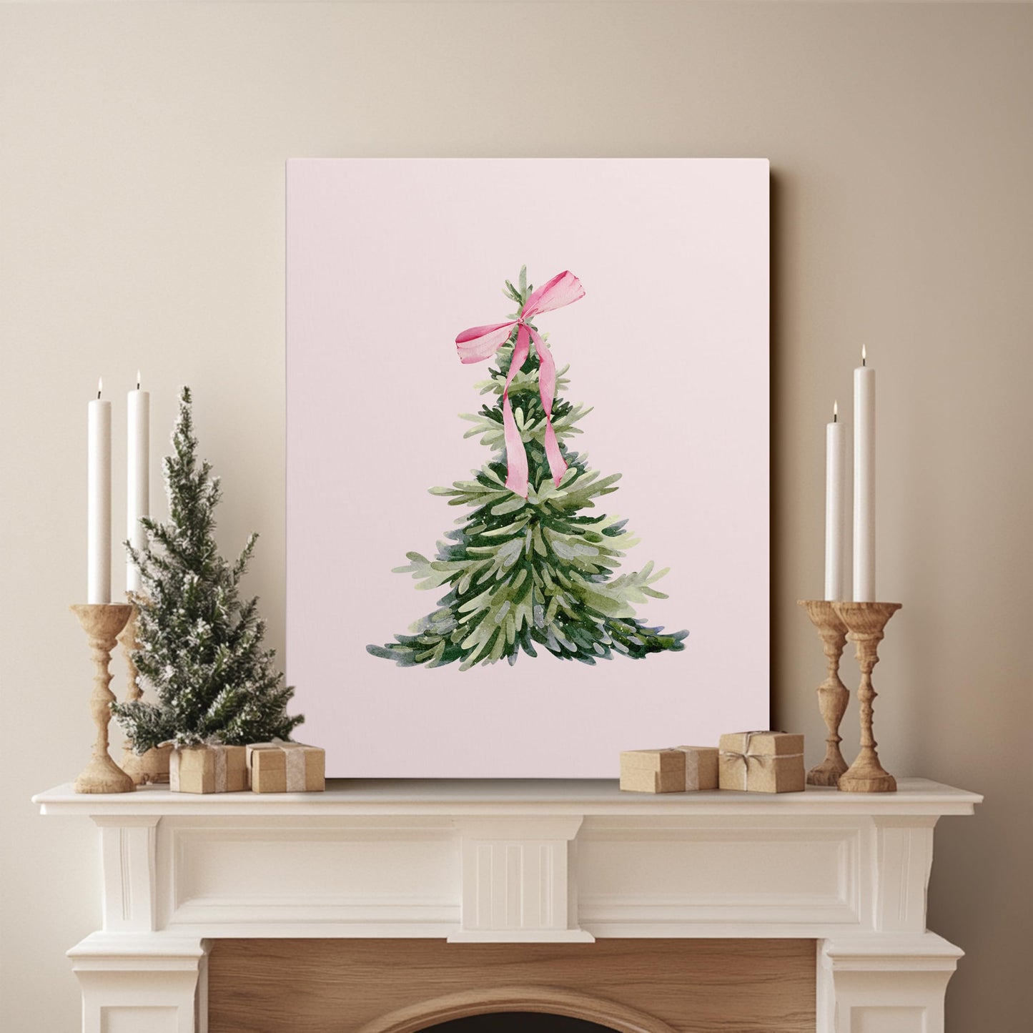 JWVK Ty-You-031 Prints Pink Coquette Bow Trendy Christmas Pine Tree Framed Wall Art Canvas Decor Decorations for Bedroom, Pink Christmas Signs Sign, 11x14