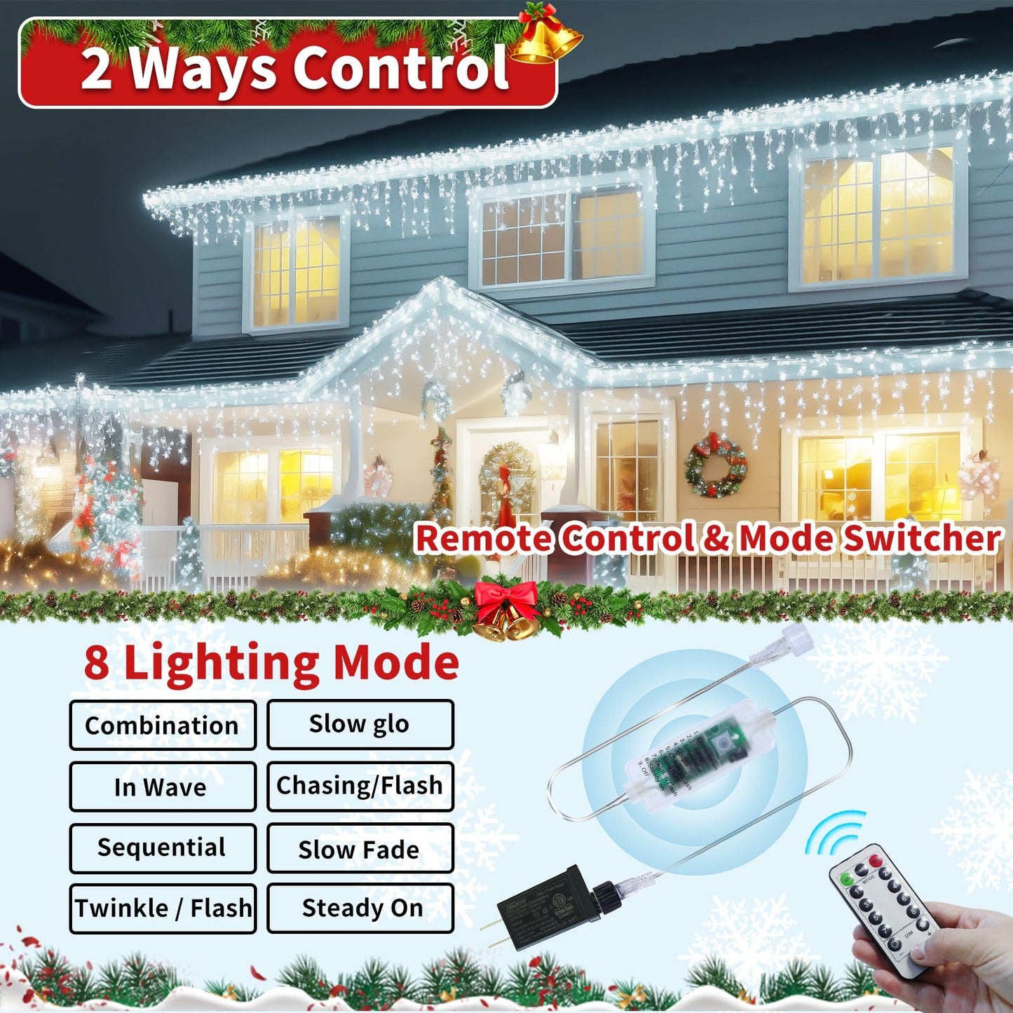 Ryblgled Icicle Christmas Lights for Outside - 65Ft 506 LED Plug-in Icicle String Lights Outdoor Decorations with Remote,Waterproof, Cool White Christmas Icicle Lights for House Bedroom Balcony Decor