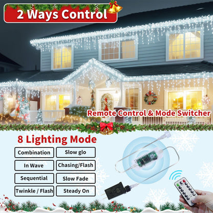 Ryblgled Icicle Christmas Lights for Outside - 65Ft 506 LED Plug-in Icicle String Lights Outdoor Decorations with Remote,Waterproof, Cool White Christmas Icicle Lights for House Bedroom Balcony Decor