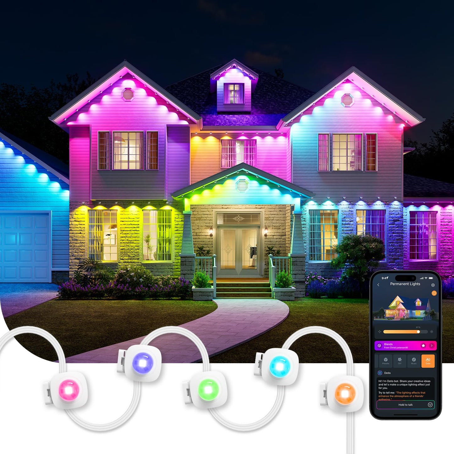 Linkind Permanent Outdoor Lights HP5,Smart AI RGBTW 150ft Christmas Lights, 85 Scenes Modes for Daily Holiday Christmas Decorations,IP67 Waterproof, Compatible with Alexa,Google Assistant