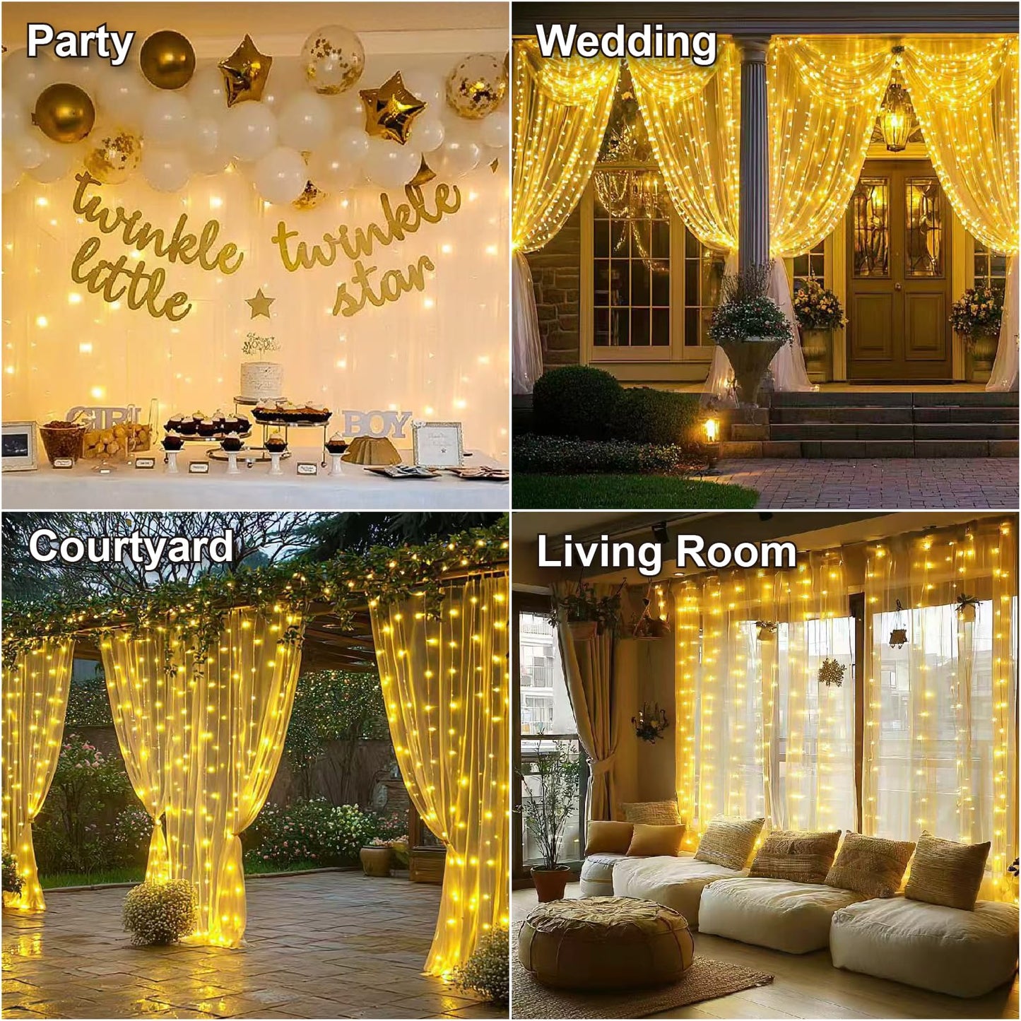 HXWEIYE 300LED Fairy Curtain Lights, 9.8x9.8Ft USB Plug-in 8 Modes Christmas String Hanging Lights with Remote for Bedroom Backdrop Wedding Indoor Wall Decor, Warm White, Standard – 2 Pack