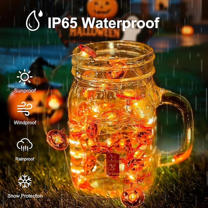 Halloween Pumpkin String Lights, 16 ft 50 LED Orange Battery Operated Lights for Lawns Garden Outdoor Holiday Party Decorations (2 Pack)