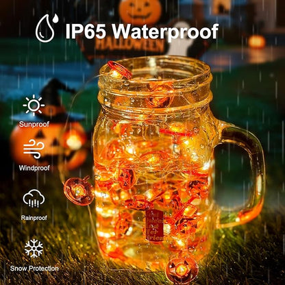 Halloween Pumpkin String Lights, 16 ft 50 LED Orange Battery Operated Lights for Lawns Garden Outdoor Holiday Party Decorations (2 Pack)