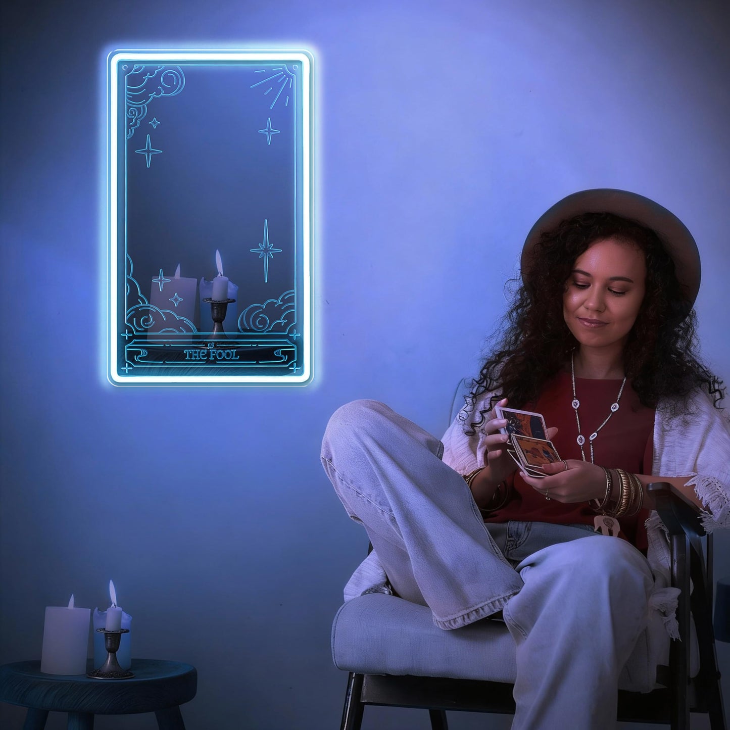 Kavaas Tarot Mirror Neon Sign - Ice Blue Mystical LED Neon Light for Occult Room Wall Decor, Witchy Art Spiritual Room Decor, Best Gifts for Fortune Teller, Tarot Enthusiast
