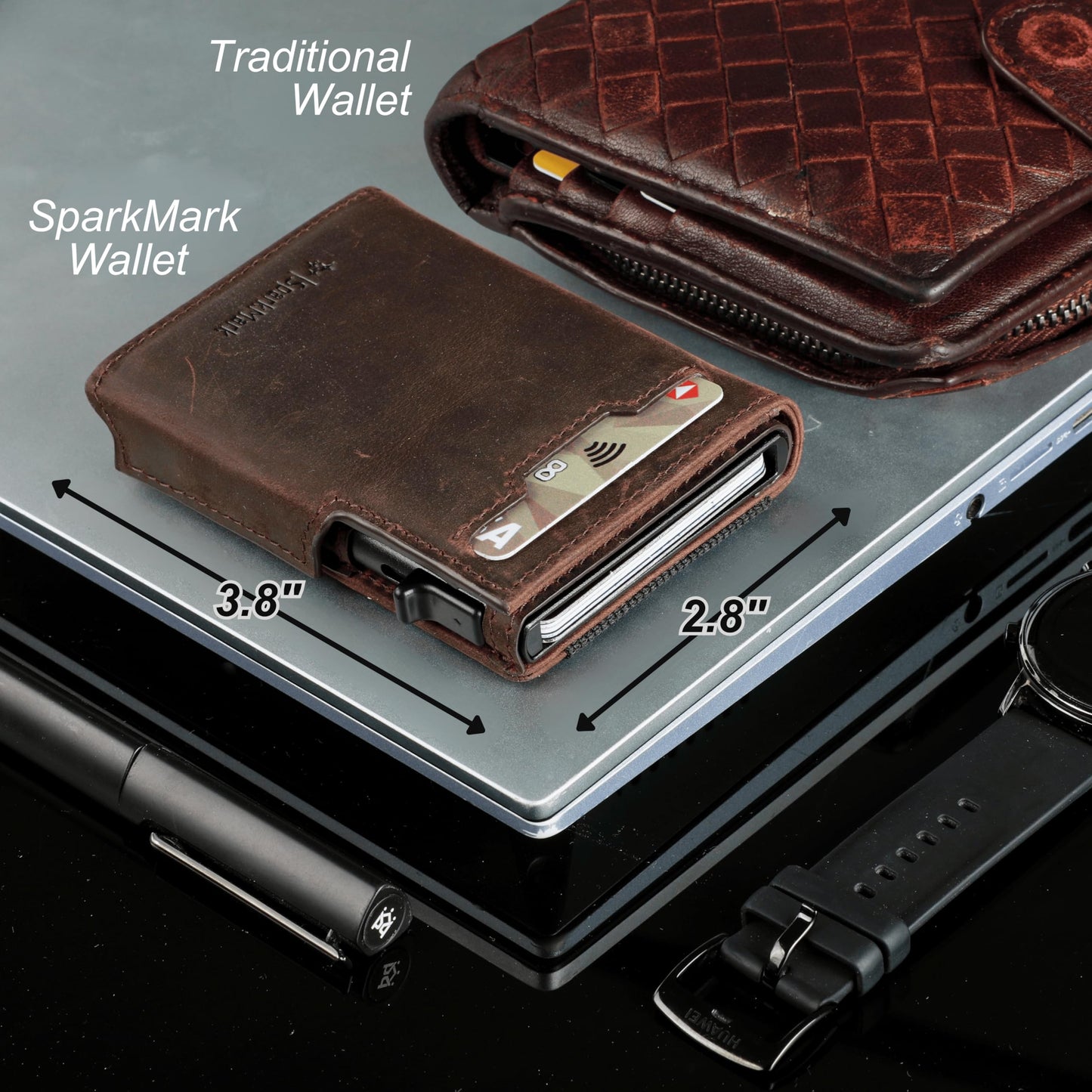 SparkMark Minimalist Pop Up Wallet for Men | RFID Blocking Credit Card Holder Wallet with Money Clip | Mens Wallet Slim Bifold Front Pocket Metal Case with Gift Box (Genuine Full Grain Soft Leather)