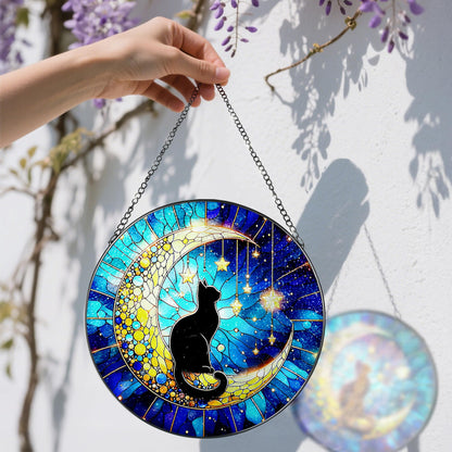 8 Inch Stained Glass Suncatcher Ornament, DOUHASU Black Cat Sun Catchers Indoor Window, Stained Glass Window Hanging, Indoor Decor, Home Decor Gift, Gifts for Cat Lovers, Pet Lover Gift