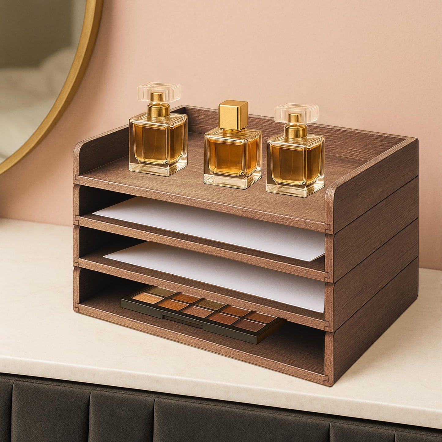 PROLEE Wooden Paper Tray Organizer for Desk,Stackable Paper Holder and Letter Tray,4-Tier Desktop File Storage Rack for Study,Home and Office(Walnut,14" x 9.5" x 2.5")