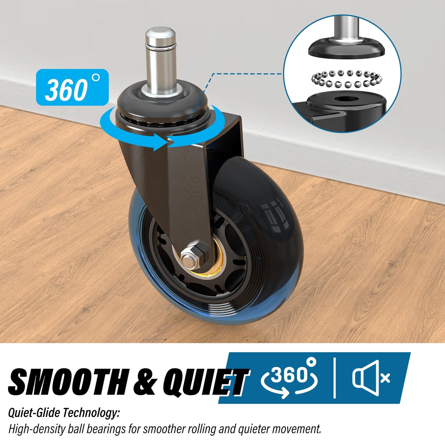 WEWILL Office Chair Wheels - Rubber Casters Replacement Universal Fit 98% Chair(Set of 5) Heavy Duty 3 Inch Smoothly & Quietly Safe for All Floor, Hardwood, Tile, Carpet, Noise Free - Blue