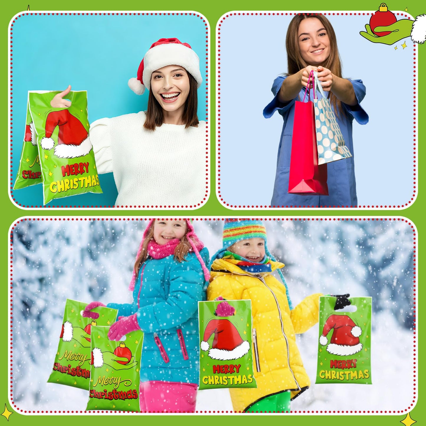 Supervitae 50 Pcs Merry Christmas Gift Bags with Handle Green Elf Xmas Goodie Bags Funny Cartoon Character Candy Bag for Xmas Snack Cookie Packing Party Favors