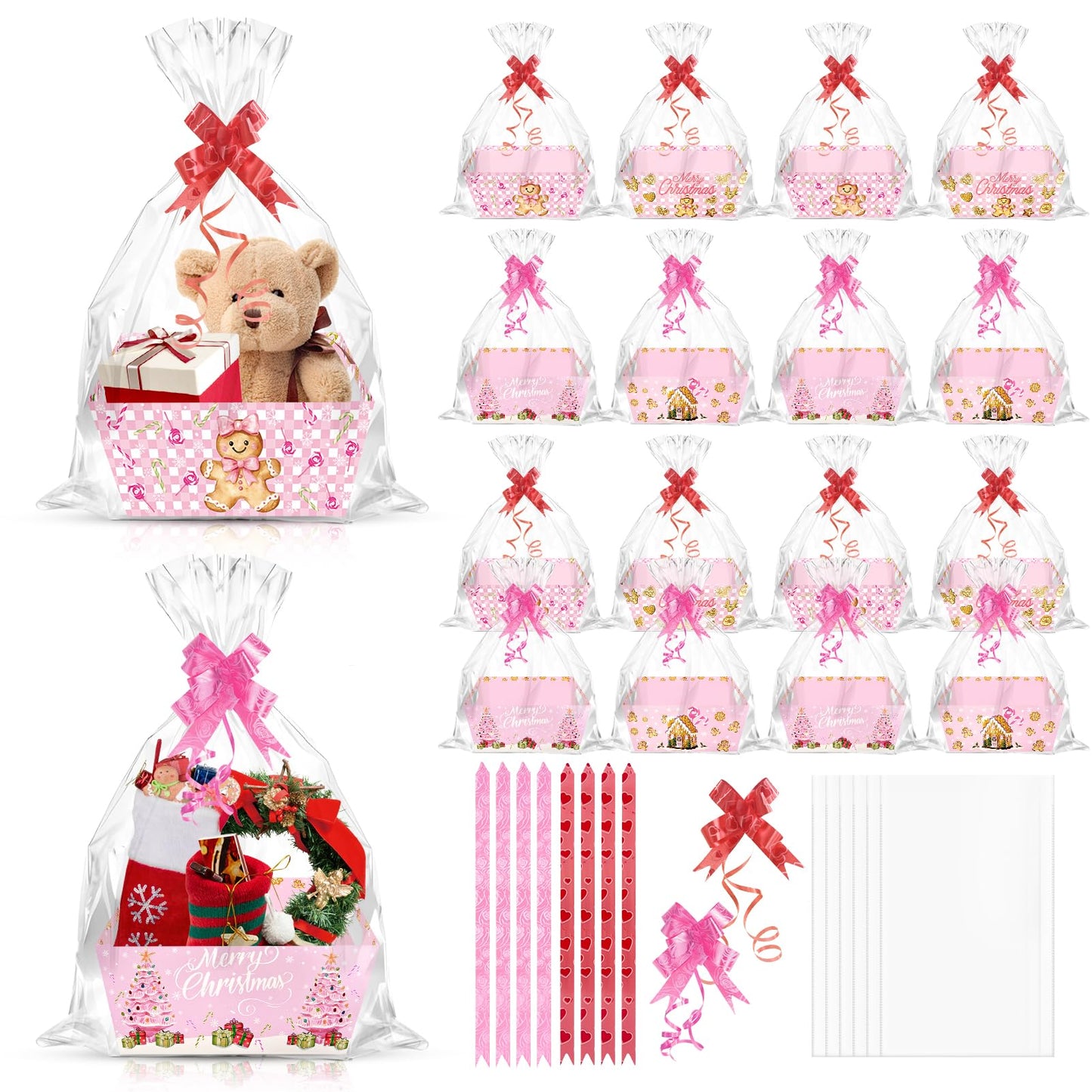 CIEOVO 24 Set Christmas Party Baskets with Cellophane Bows Market Tray Pink Christmas Baskets for Gifts Empty Gingerbread Man Cardboard Bags for Xmas Holiday Party Decor