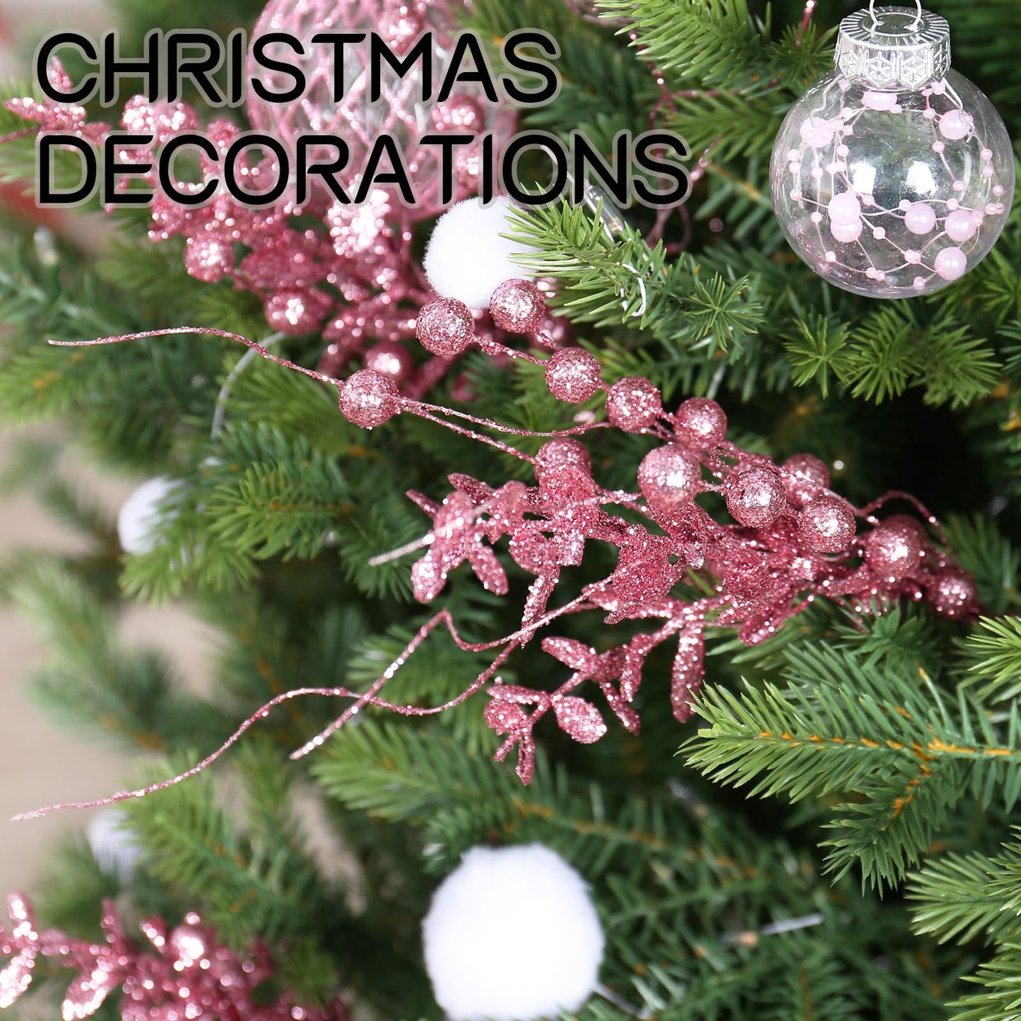 24 Pack Christmas Tree Decorations Picks and Sprays, Christmas Ornaments Artificial Glitter Berry Stems Branches Picks Twigs for Xmas Tree Vase Filler Home Holiday Decor (Pink-A)