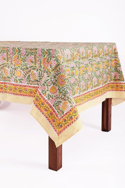 ATOSII Clover Green 100% Cotton Rectangle Boho Fall Tablecloth, Handblock Floral Table Cloth Linen for Kitchen Dining I Parties Wedding Outdoors Picnics I 72 X 120 Inches I 10 Seater