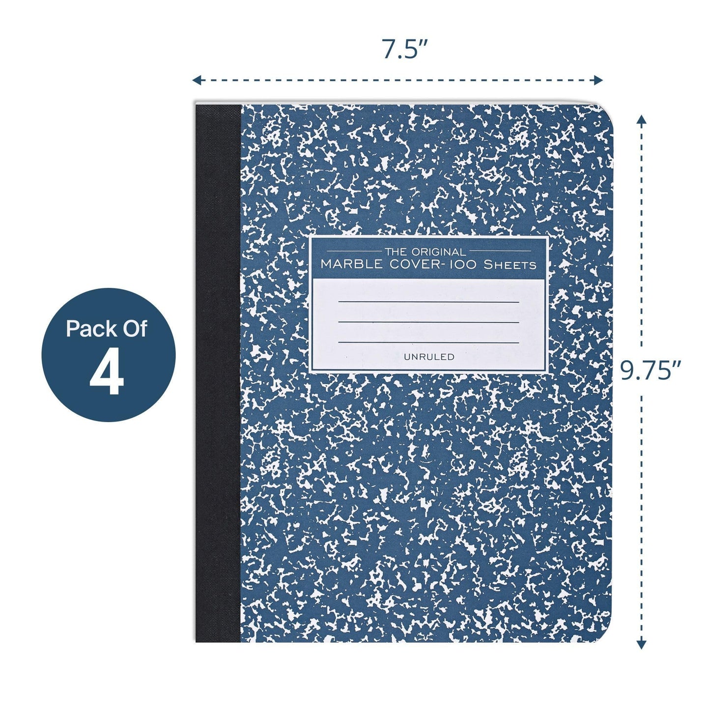 ROARING SPRING Hard Cover Composition Notebook, 4 Pack, Blue Marble Comp Book, 9.75″ x 7.5″, Unruled Blank Paper, 100 Sheets (200 Pages), Made in USA
