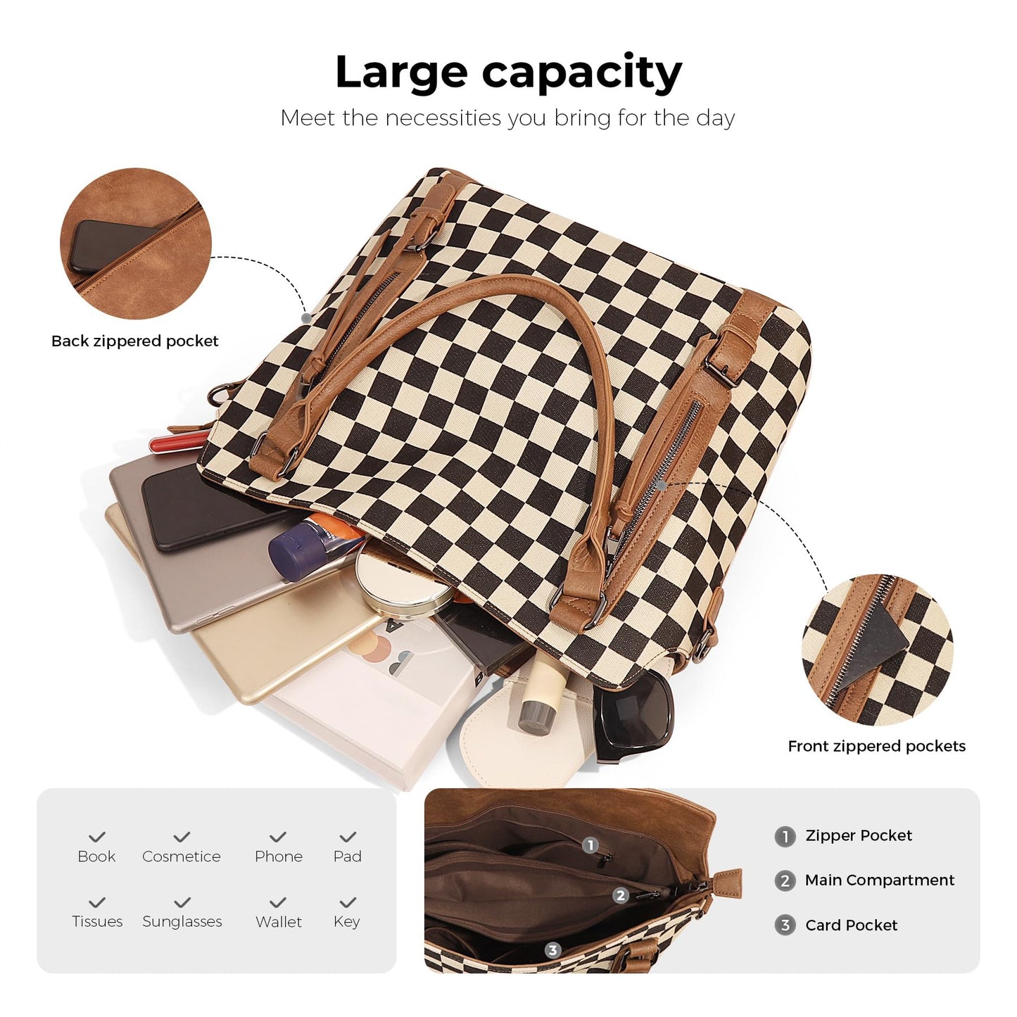 Duyijiff Checkered Tote Bag Large Checkered Purses for Women Plaid Hobo Shoulder Bag Multiple Pockets Tote Handbags (Brown)