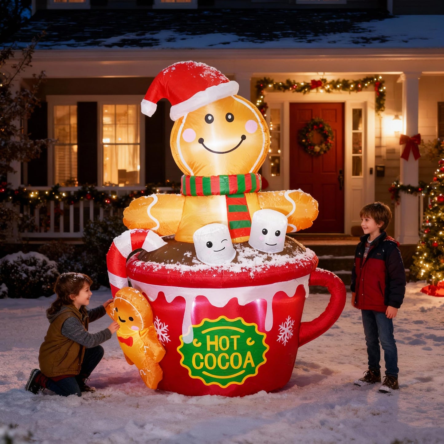 ZPISF 6 FT Christmas Inflatables Outdoor Decorations, Cute Christmas Blow Up Yard Decorations Gingerbread Man in Hot Cocoa Mug Scene for Garden Lawn Xmas Decor