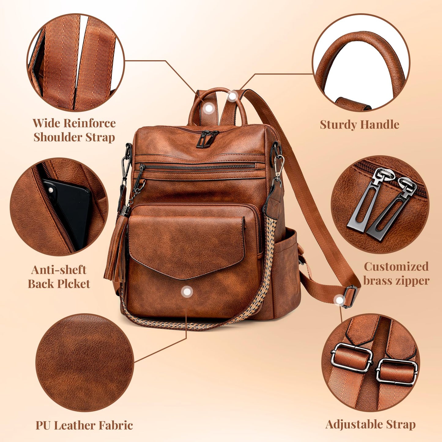 garaplight PU Leather Backpack Purse for Women | Anti-theft Ladies Shoulder Bag Handbag Suitable for Work, Travel, and Daily Use (Brown)