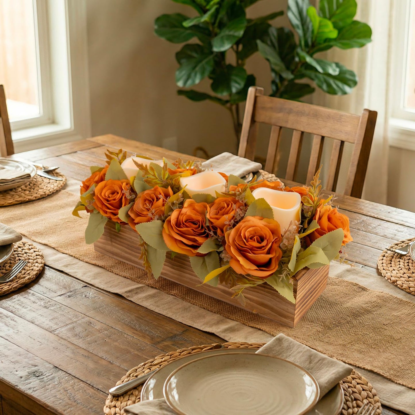 Lumeavetra Centerpiece Table Decorations with 3 Flameless Candle(Battery Not Included), Farmhouse Wood Tray Flower Decoration for Table Kitchen Living Room Wedding Décor