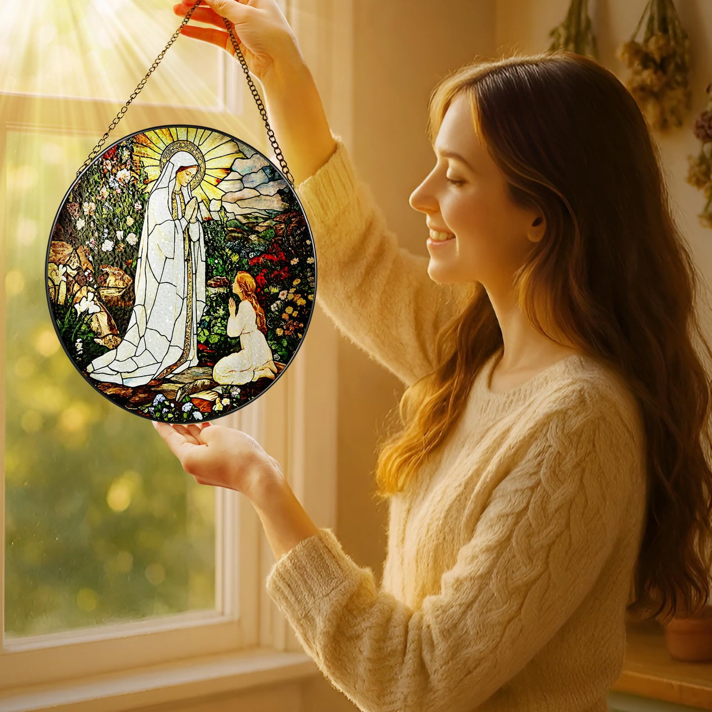 8 Inch Lady of Lourdes Stained Glass Suncatcher, Stained Glass Window Hanging, Virgin Mary Religious Window Hanging, Gift for Mothers Day, Catholic Home Decor, Faith Gift for Christian, Religious Gift