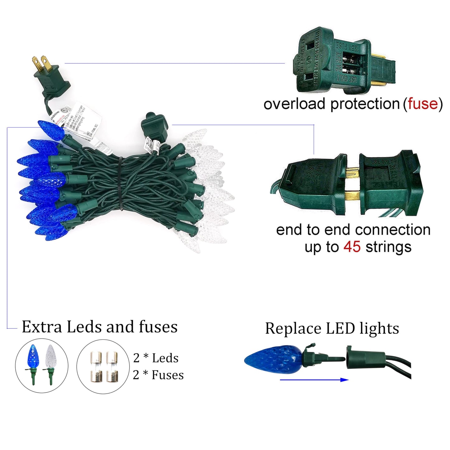 MXTCLM C6 Christmas Lights 50 LED Blue + Cool White Strawberry 18ft Waterproof String Lights for Outdoor Indoor Garden Yard Home Party Christmas Tree Decoration(Blue+Cool White)