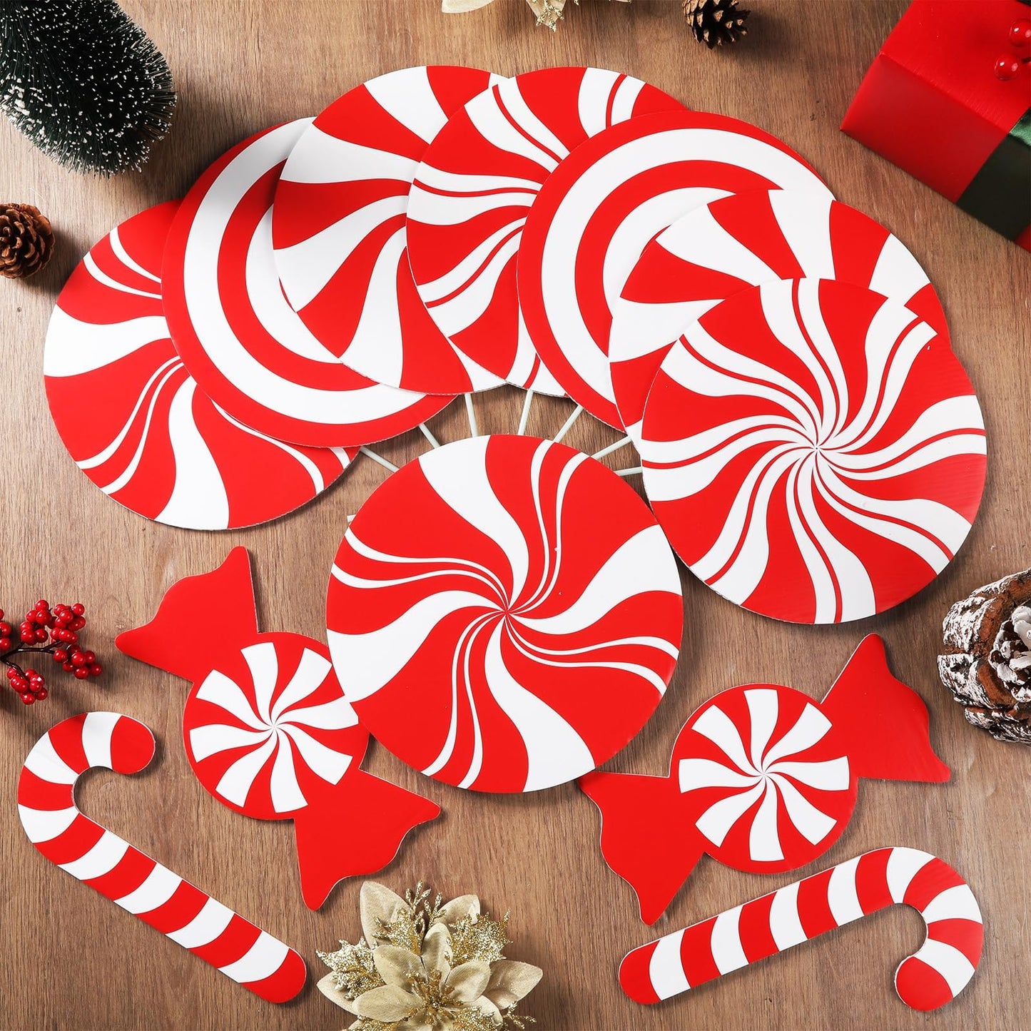 12Pcs Large Peppermint Lollipop Candy Cane Christmas Tree Picks Red and White Candy Shaped Xmas Tree Toppers Ornaments Decorations for Wreath Vase Home Office Holiday Party Supplies