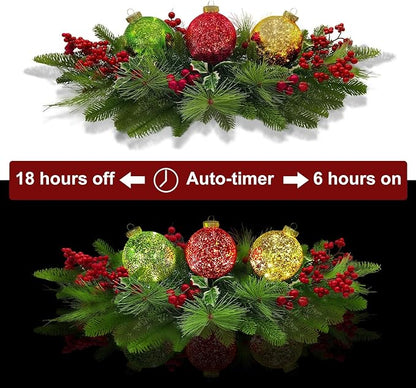 Christmas Centerpiece Table Decorations, Includes 3 LED Baubles Artificial Red Berries and Pine Cones Xmas Candelabrum for Dinning Room, Table, Fireplace, Mantel Decoration