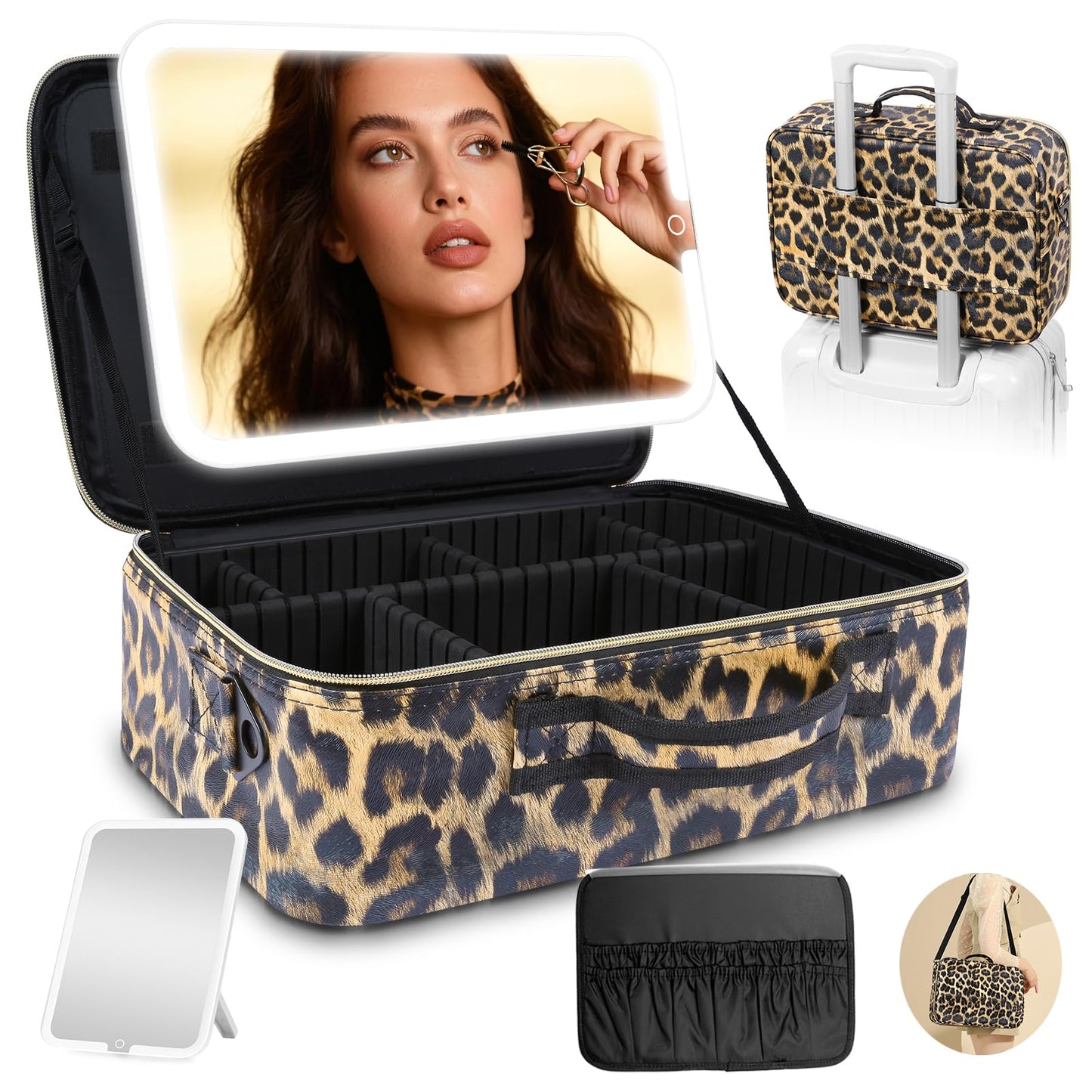 15''X11'' Large Makeup Bag with Removable Lighted Mirror, Professional Travel Make up Bag with Mirror and Light Cosmetic Train Case Organizer, PU Leather with Adjustable Dividers & Brush Storage Board