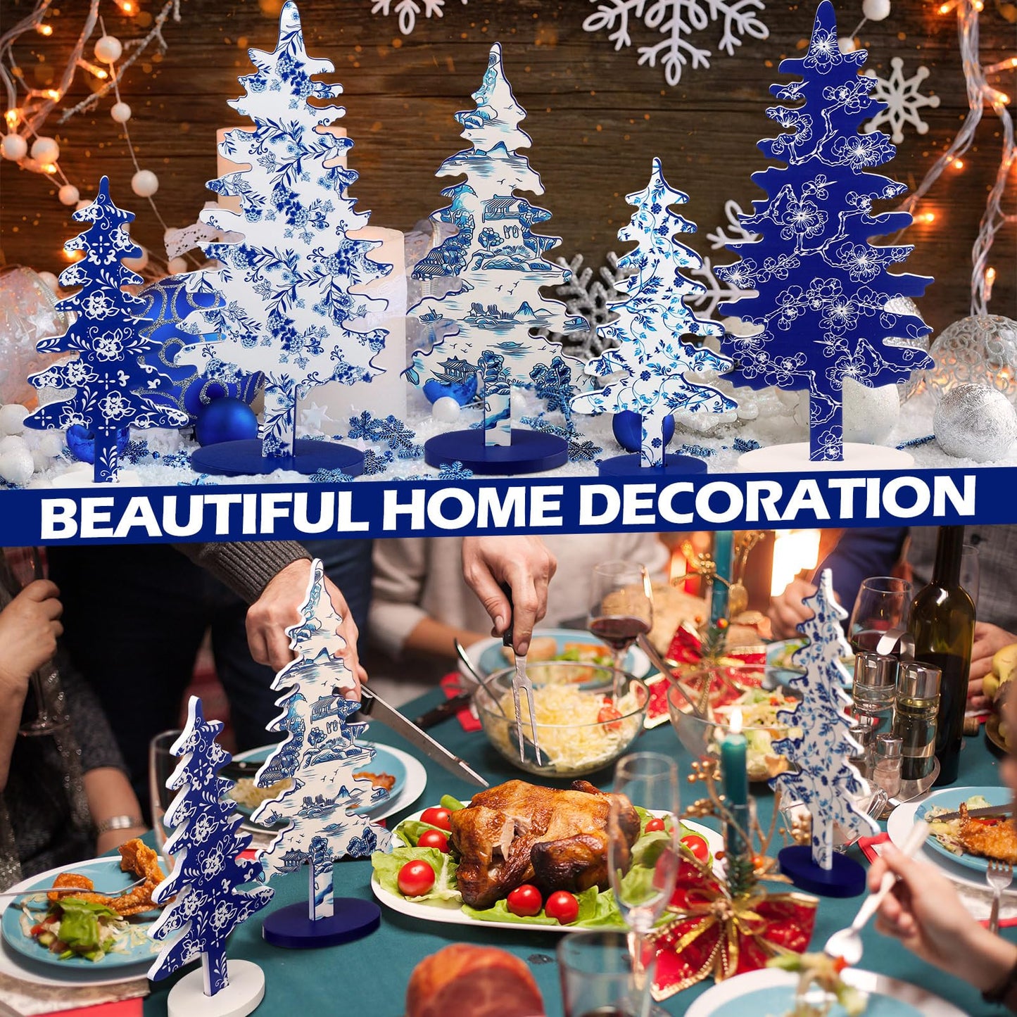 Kigley 6 Pcs Porcelain Christmas Tree Sign Table Decor 6" 8" 10.5" Blue White Xmas Tree Tabletop Christmas Tiered Tray Centerpieces Xmas Gift for Home Mantel Shelf Office Party Windowsill Decoration