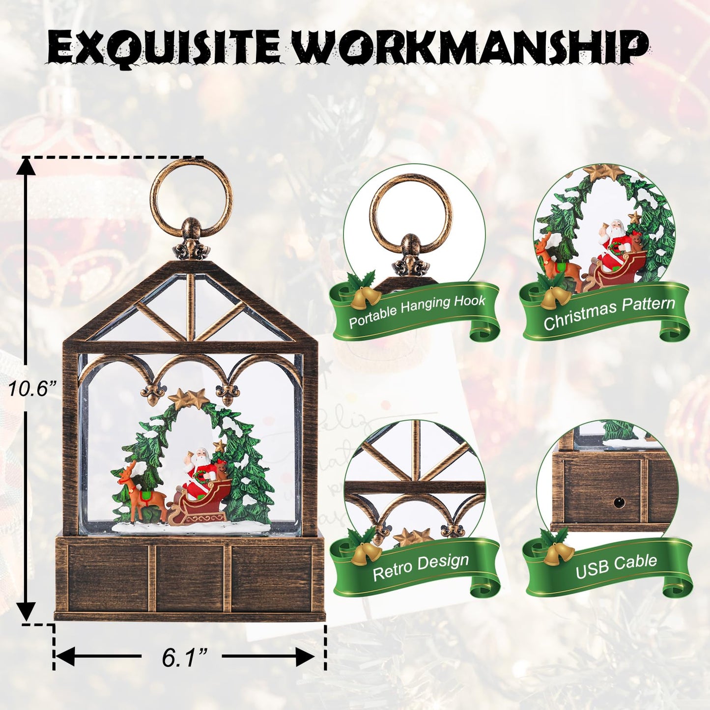 Christmas Snow Globes Musical Lantern Snow Globe Santa Clause Reindeer Sleigh Water Snow Globe Glittering Portable Hanging Tabletop Decorative Lantern Christmas Home Décor