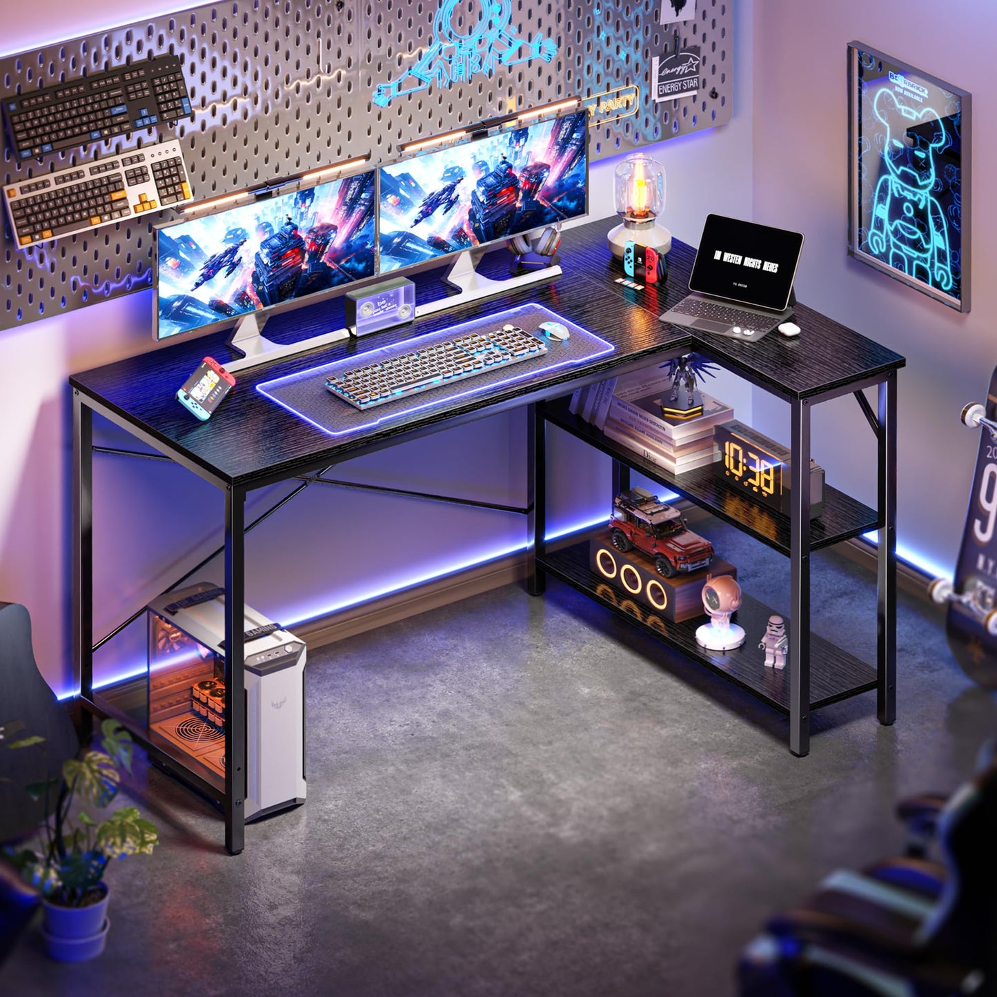 Huuger L Shaped Desk, 47 Inches Computer Desk with Reversible Storage Shelves, Gaming Corner Home Office Writing Study with Metal Frame, Black