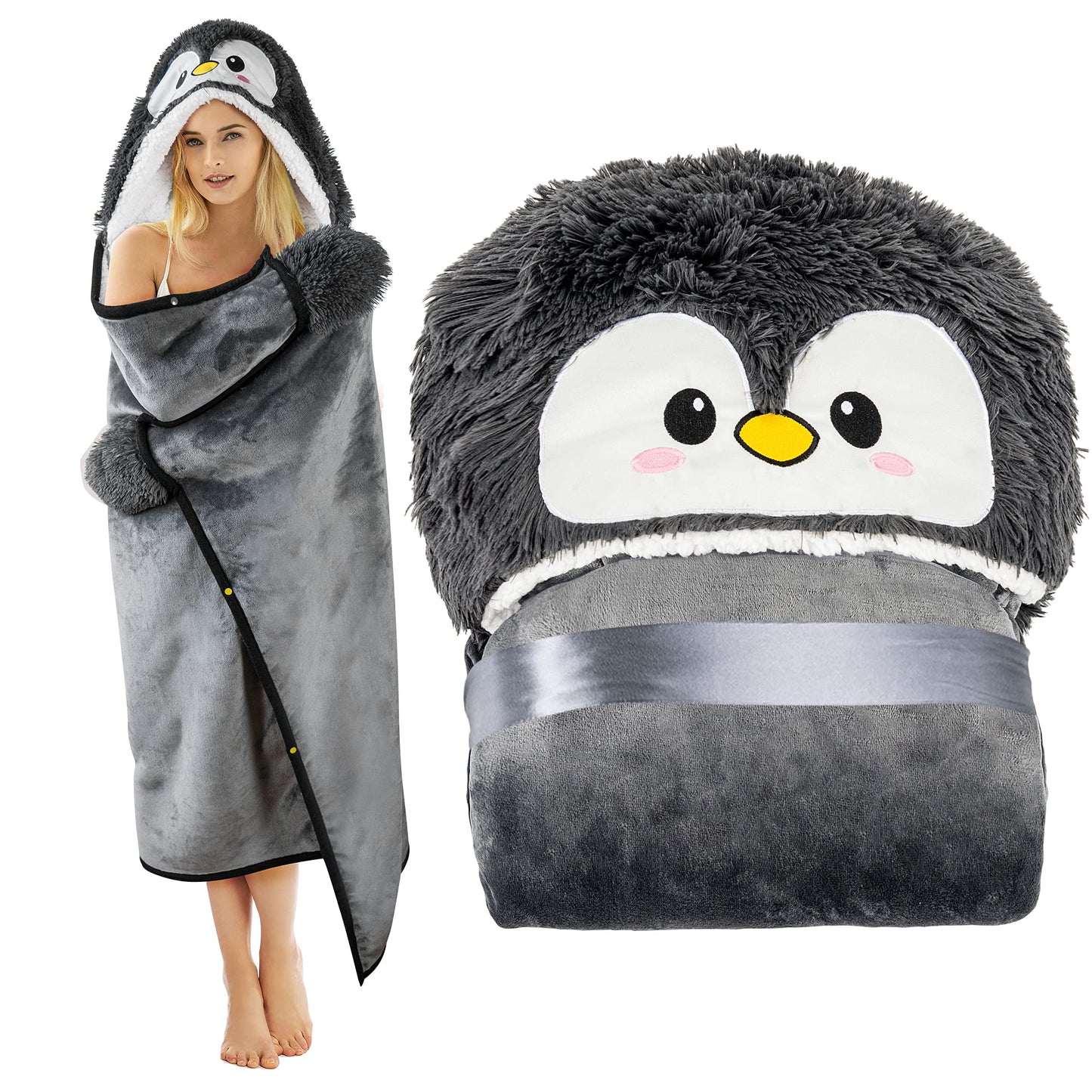 Penguin Wearable Hooded Blanket for Adults – Fuzzy Super Soft Warm Cozy Plush Flannel Fleece & Sherpa Hoodie Throw Cloak Wrap - Penguin Gifts for Women Adults Girls and Kids