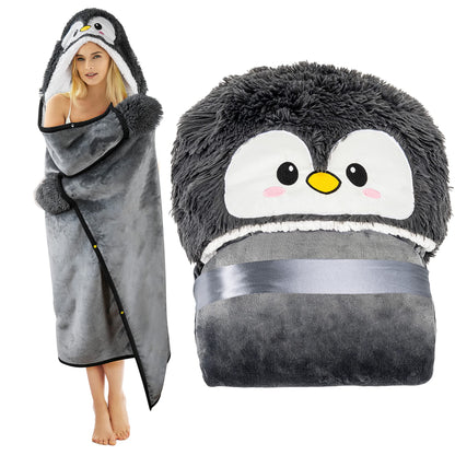 Penguin Wearable Hooded Blanket for Adults – Fuzzy Super Soft Warm Cozy Plush Flannel Fleece & Sherpa Hoodie Throw Cloak Wrap - Penguin Gifts for Women Adults Girls and Kids