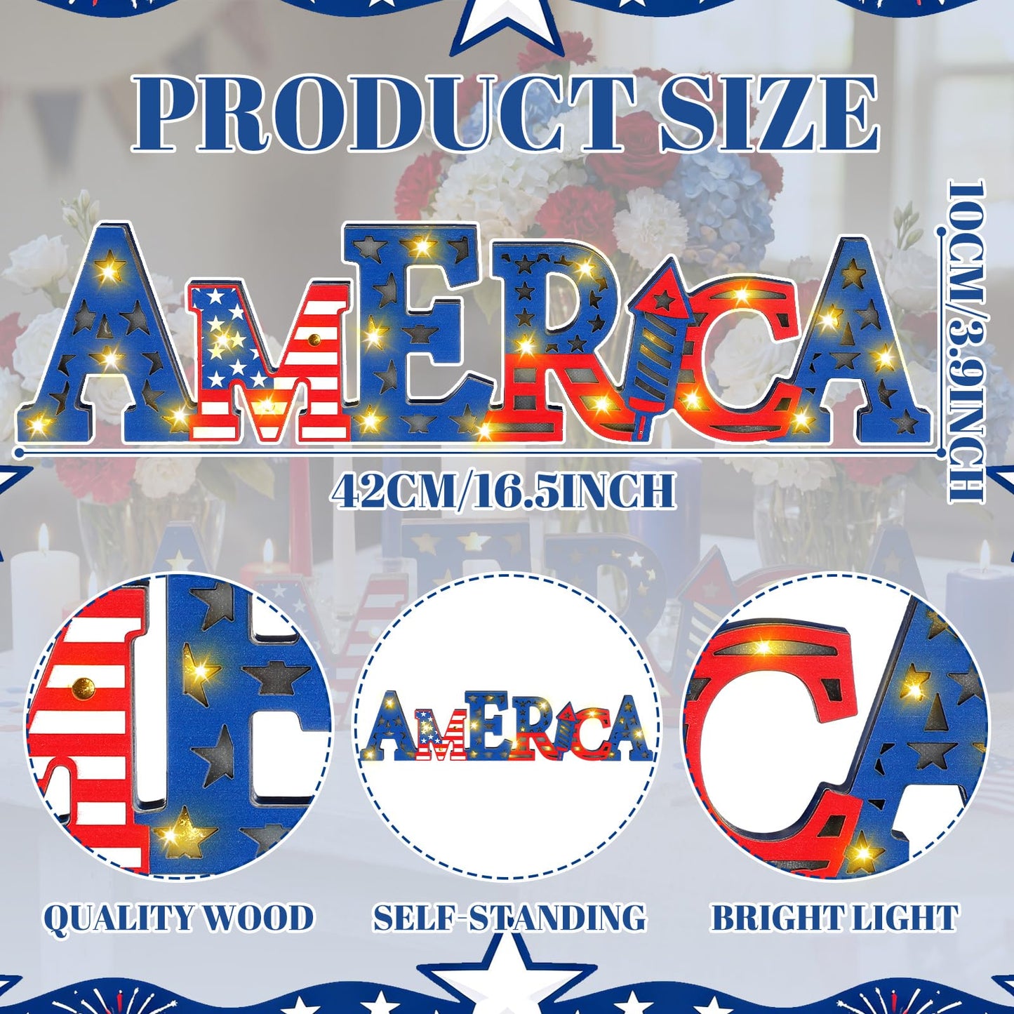 Geetery America LED Wooden Sign Patriotic Wooden Words Sign 4th of July Tabletop Centerpiece Decor 250th Anniversary Decorations for Independence Day Memorial Day Party Home Office