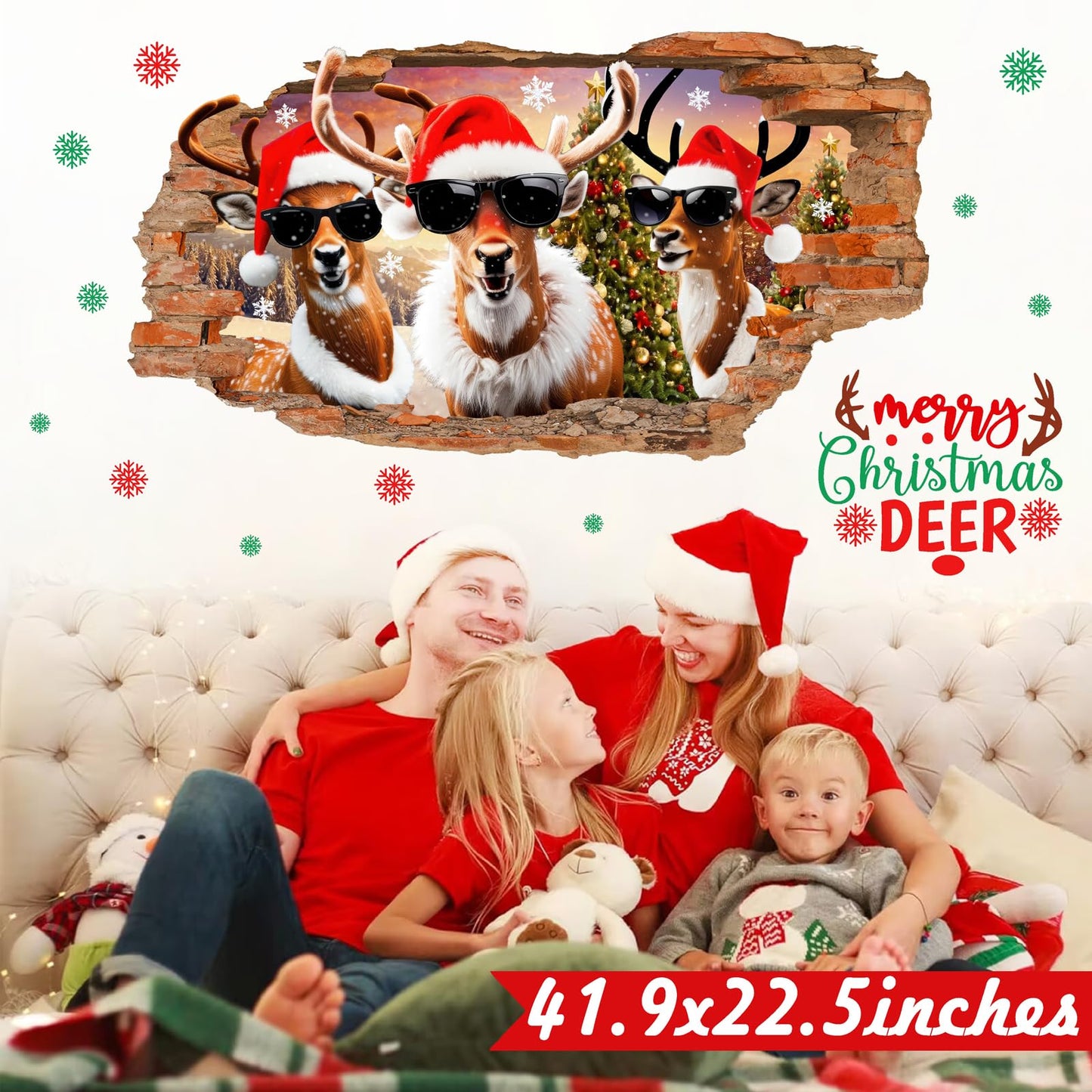Christmas Wall Stickers Decoration Merry Christmas Wall Decals Peel and Stick 3D Winter Broken Walls Sticker Indoor Xmas Cartoon Deer Vinyl Art Mural for 2026 New Year Holiday Party Supplies