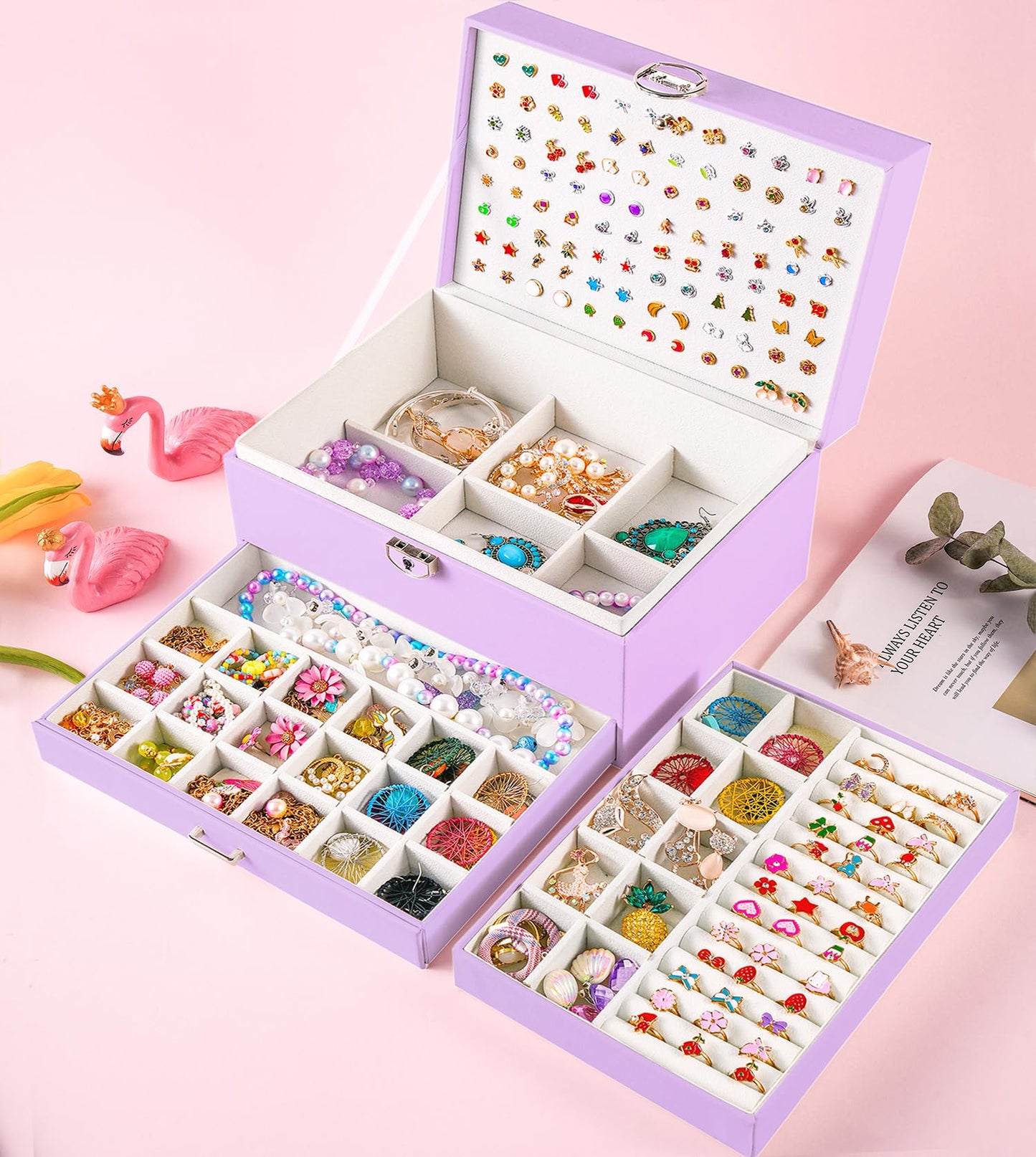 QBestry Earrings Jewelry Box for Girls, 5 Layers Jewelry Organizer with Earring Holder Organizer for Girls Earring Organizer Jewelry Boxes for Women Earrings and Necklaces Jewelry Box Organizer Violet