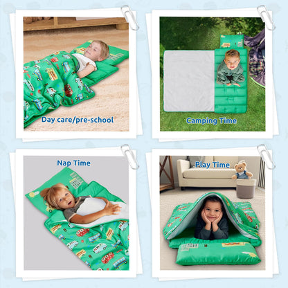 Safotad Toddler Nap Mat with Pillow and Blanket, Soft Sleeping Bag for Kids Boys and Girls, Slumber Bags Kids for Preschool, Daycare, Travel, Camping, 54" x 33" Great for Ages 3-6(Green)