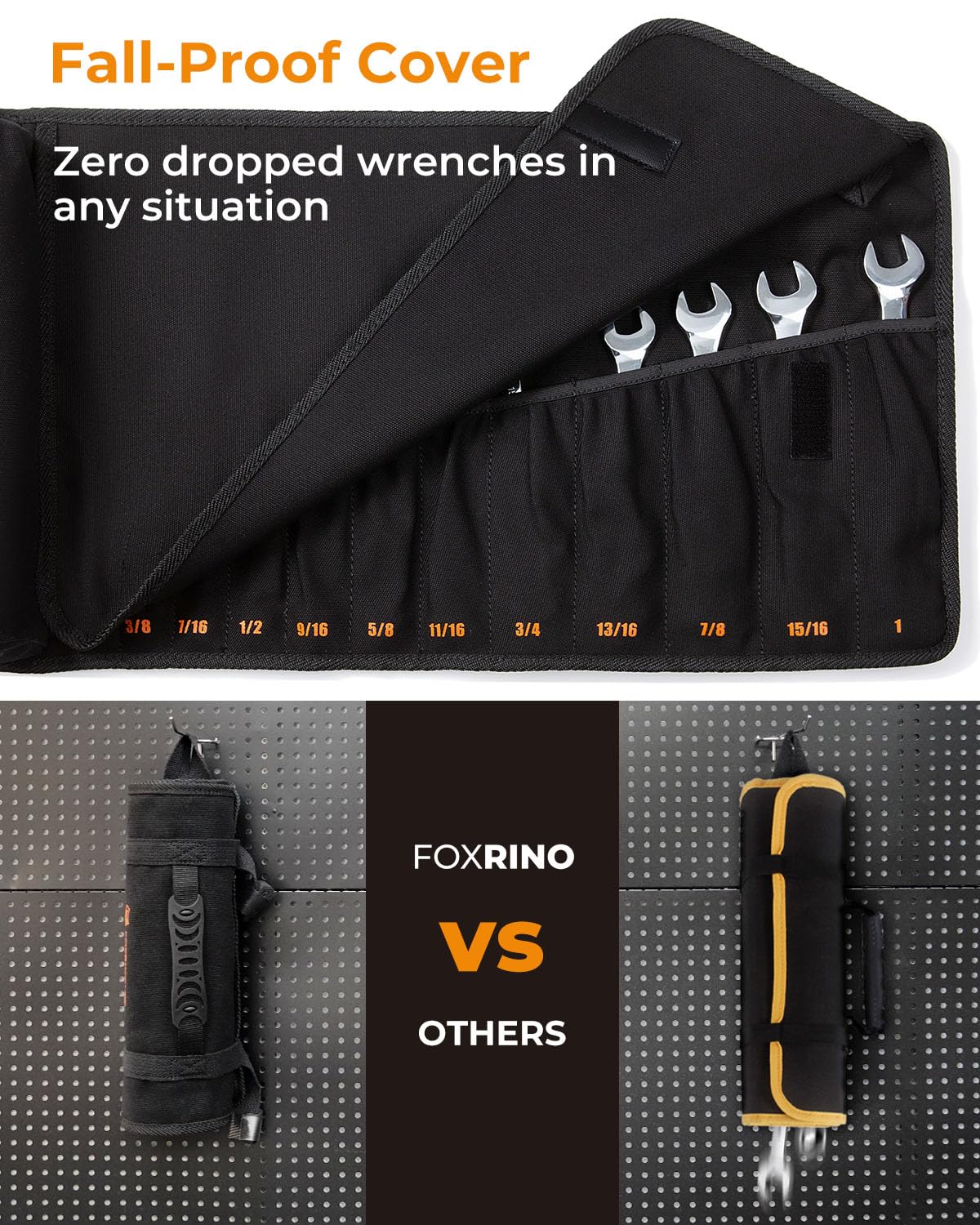 Foxrino Wrench Roll, Wrench Roll Up Pouch, 13-Pocket Heavy Duty Canvas Wrench Organizer Bag for SAE Combination Wrenches, Portable Tool Roll Bag, Gifts for Men for Fathers Day(Black, 13+1 SAE)