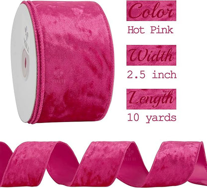 MEEDEE Fuchsia Velvet Ribbon 2.5 inch Thick Velvet Wired Edge 10 Yards Two Tone Ribbon for Christmas Tree, Gift Wrapping, Garland, Wreaths, Bows Making, Crafts Supply