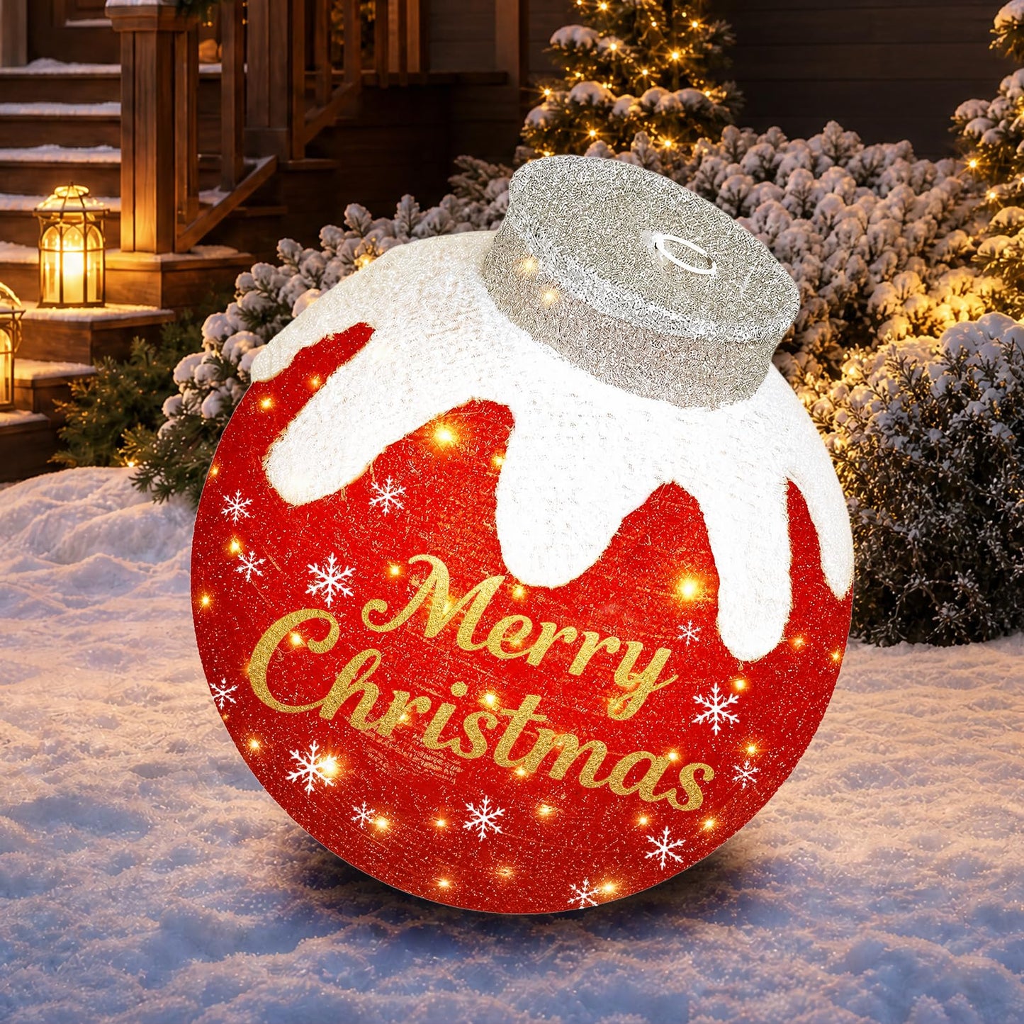Outdoor Christmas Ball Ornaments, Collapsible Pop-Up Lighted Christmas Decorations with 80 Bright LED Lights, 8 Light Modes, Weatherproof Pre Lit Large Holiday Ball Decor for Yard, Lawn, Home（Red）