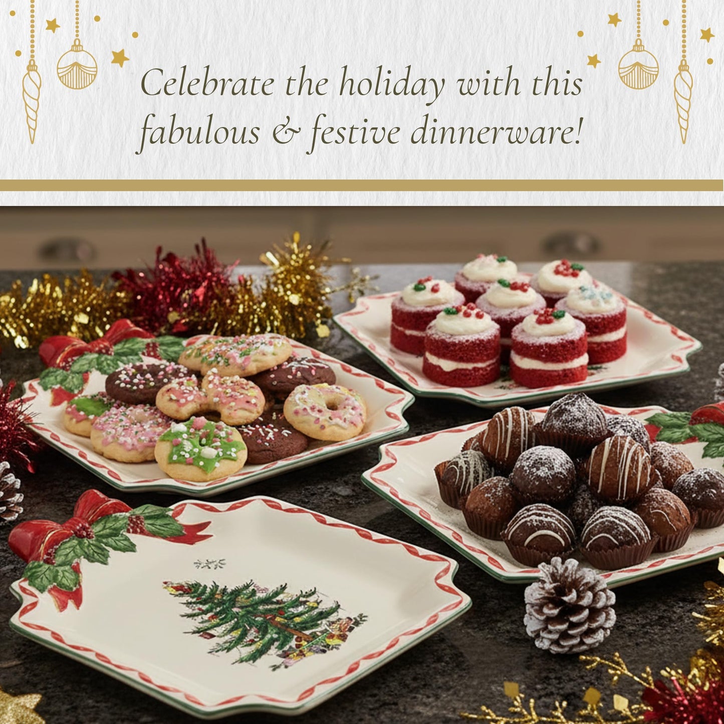 Spode Christmas Tree Ribbons Canape Platter - 6.5-Inch Holiday Serving Plate for Desserts, Appetizers, and Treats - Festive Earthenware Christmas Dinnerware with Gold Accents - Dishwasher Safe