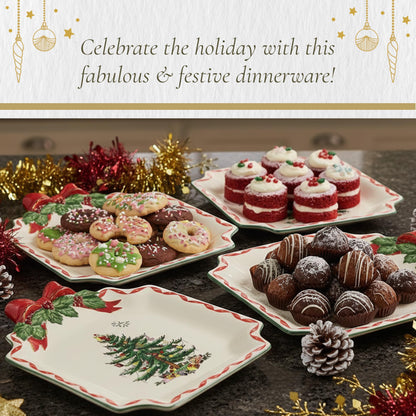 Spode Christmas Tree Ribbons Canape Platter - 6.5-Inch Holiday Serving Plate for Desserts, Appetizers, and Treats - Festive Earthenware Christmas Dinnerware with Gold Accents - Dishwasher Safe