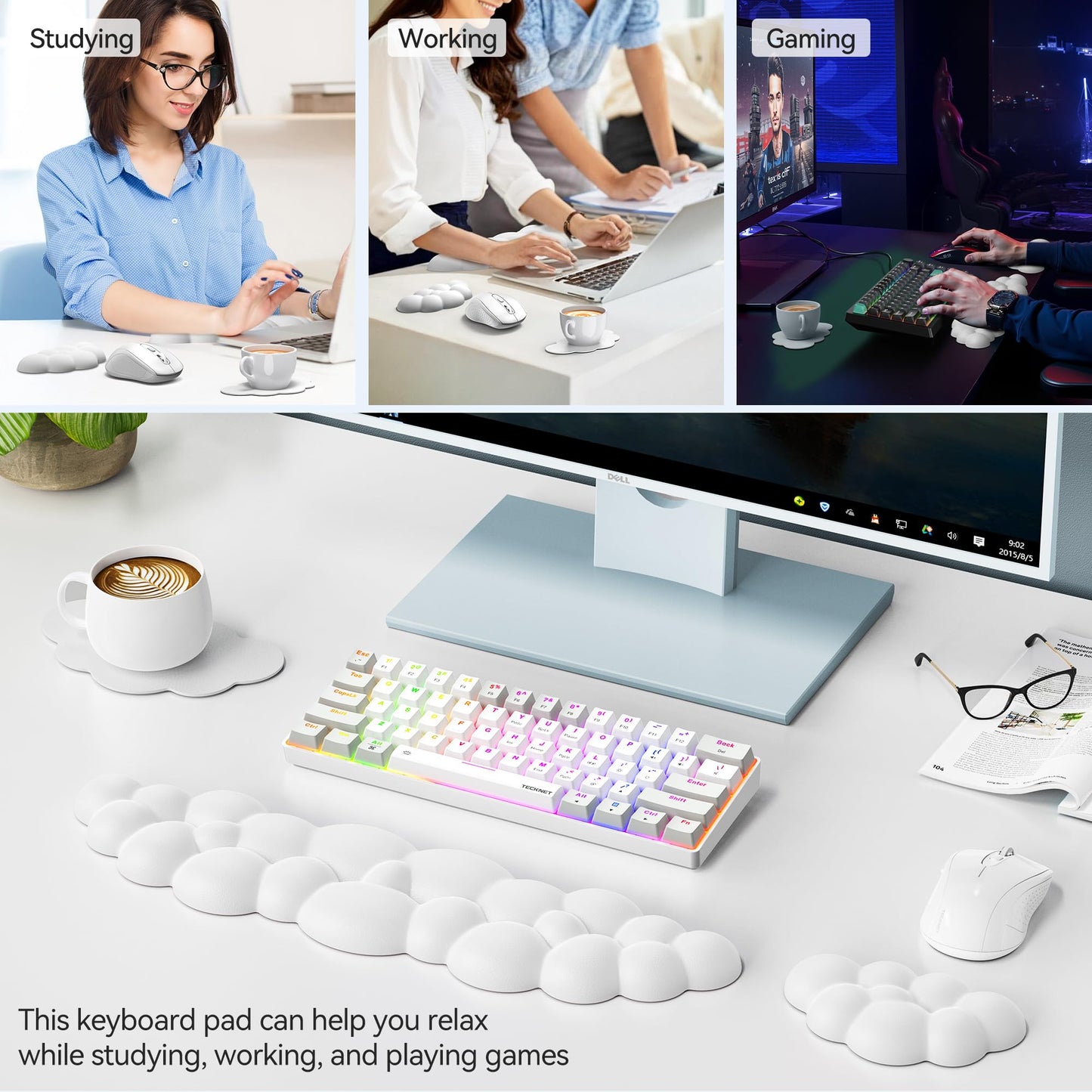 TECKNET Cloud Keyboard Wrist Rest Set, Cloud Wrist Rest with Non-Slip Base, PU Leather Wrist Pad for Keyboard with Ergonomic Memory Foam for Computer Laptop Office Gaming and Pain Relief, White